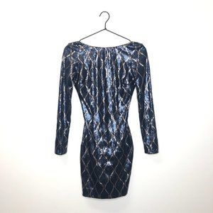 Dress The Population Lola Long Sleeve Mini Bodycon Dress, Blue Gold, Women XS